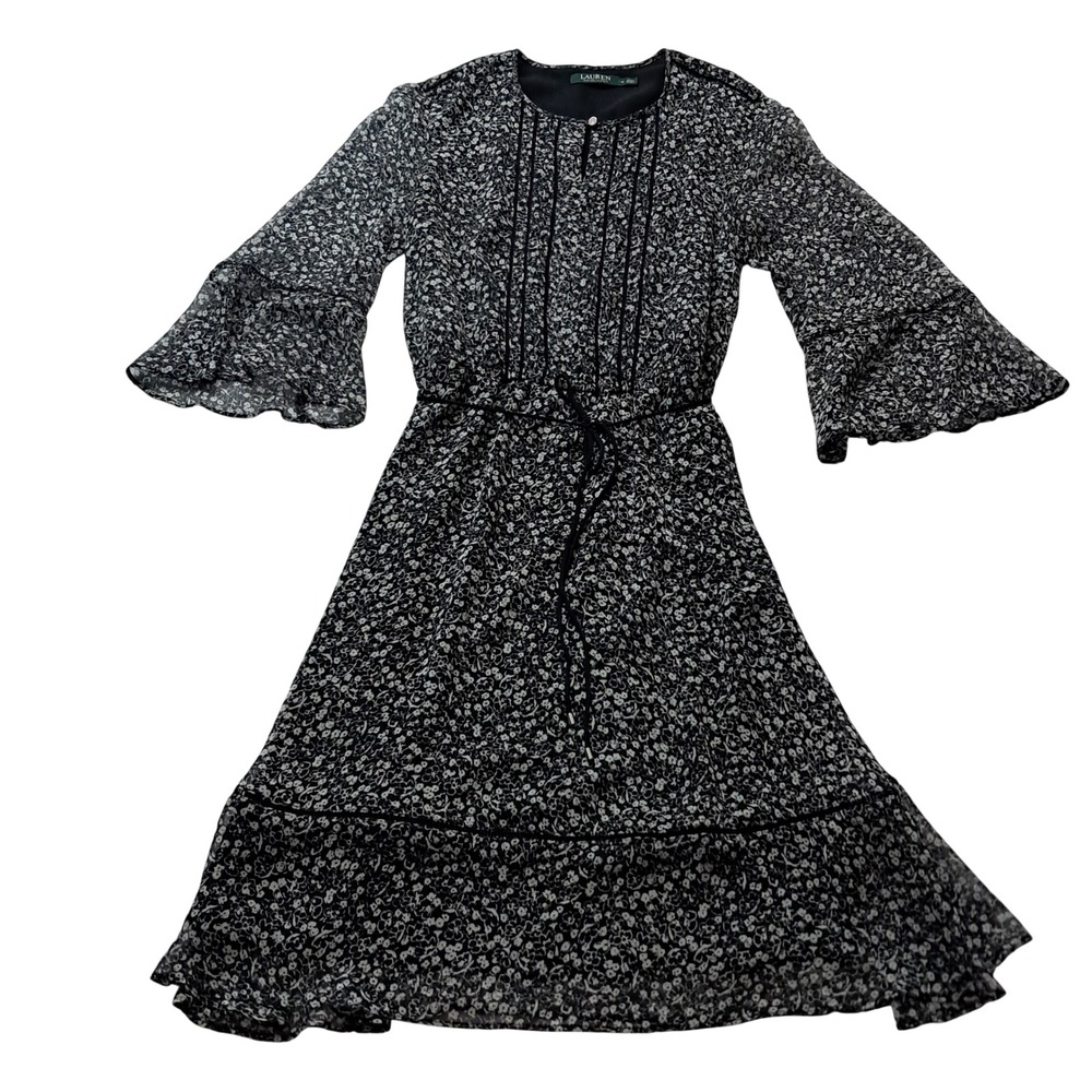 Lauren Ralph Lauren Floral‎ Drawstring Dress Women's 12 Black Cottage Bell Cuff